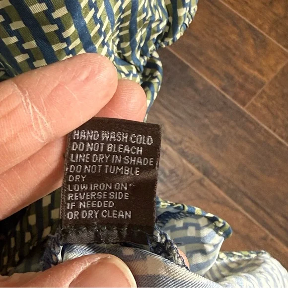 J. McLaughlin Green Blue Geometric Silk Shirt Dress Drawstring Waist L - Picture 13 of 13